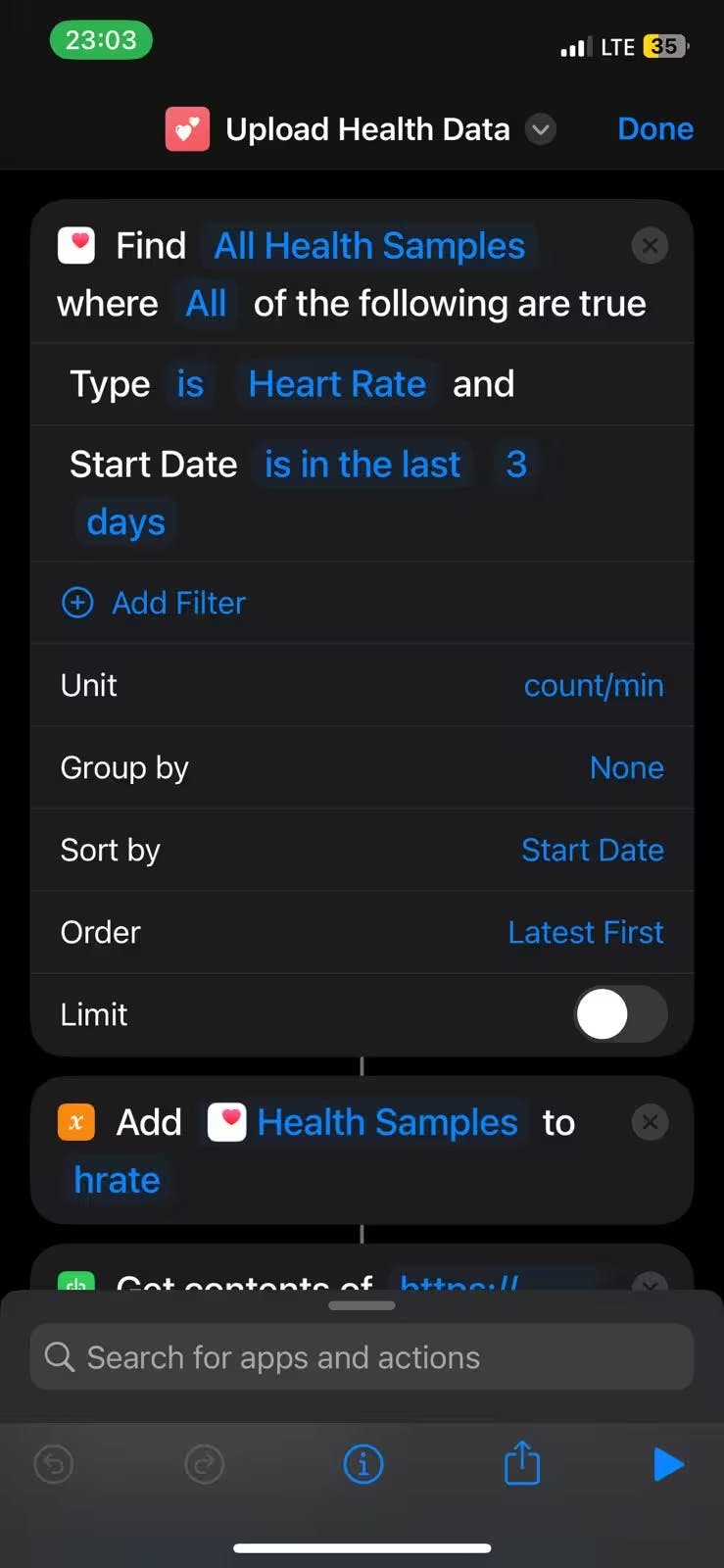 Accesing the health data inside the shortcut.