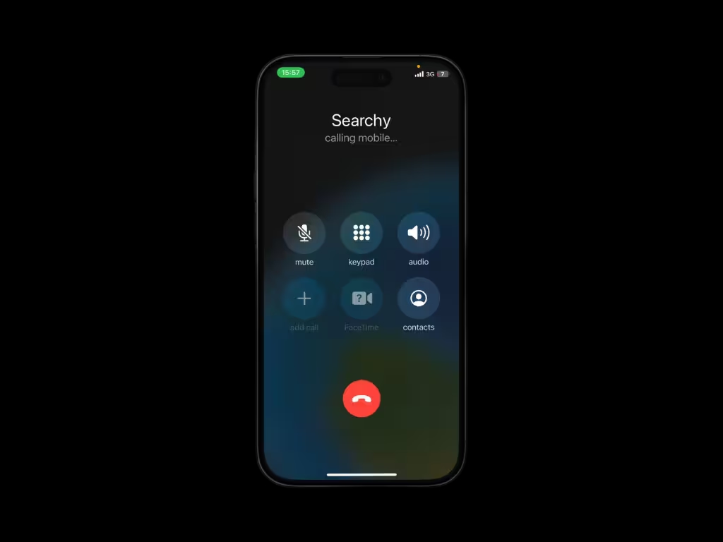 A screenshot of a phone call with the searchy number